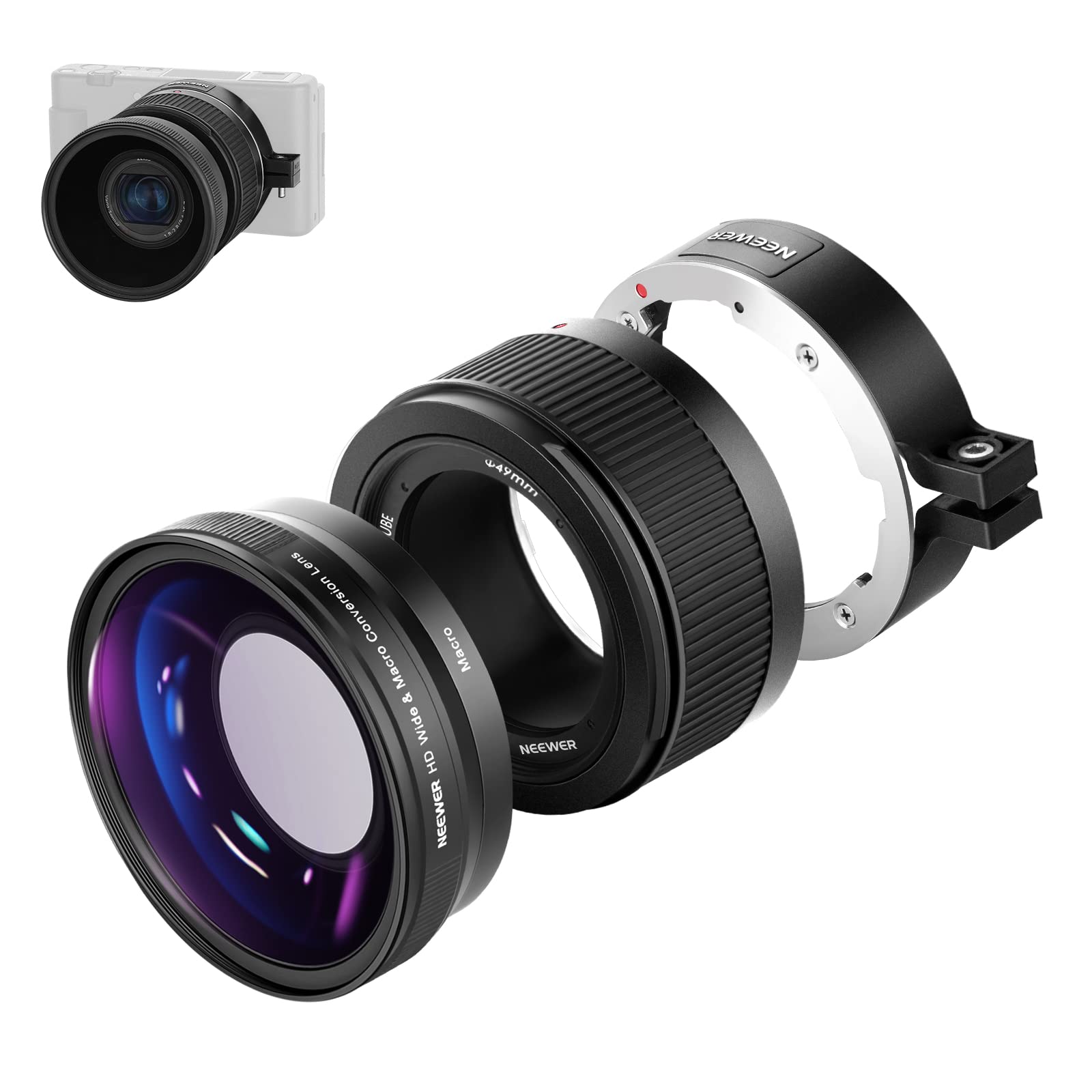 【送料無料】【10％OFFクーポン配布中】NEEWER 広角レンズ ZV1カメラに対応 2in1 18mm HD広角と10xマクロ追加レンズ エクステンションチ｜デンダ店