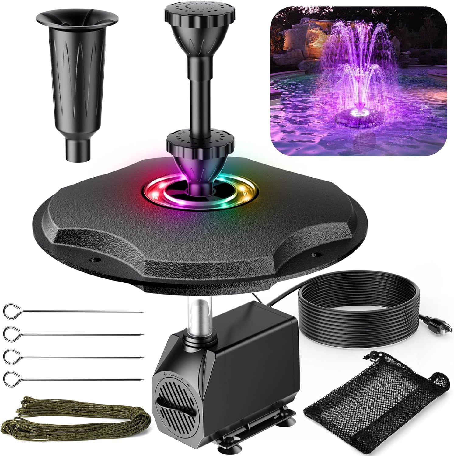 【送料無料】【10％OFFクーポン配布中】Biling 【6色LED搭載】ソーラー噴水ポンプ フロート式噴水 池用 噴水高さ2.5m 660GPH強力ポンプ