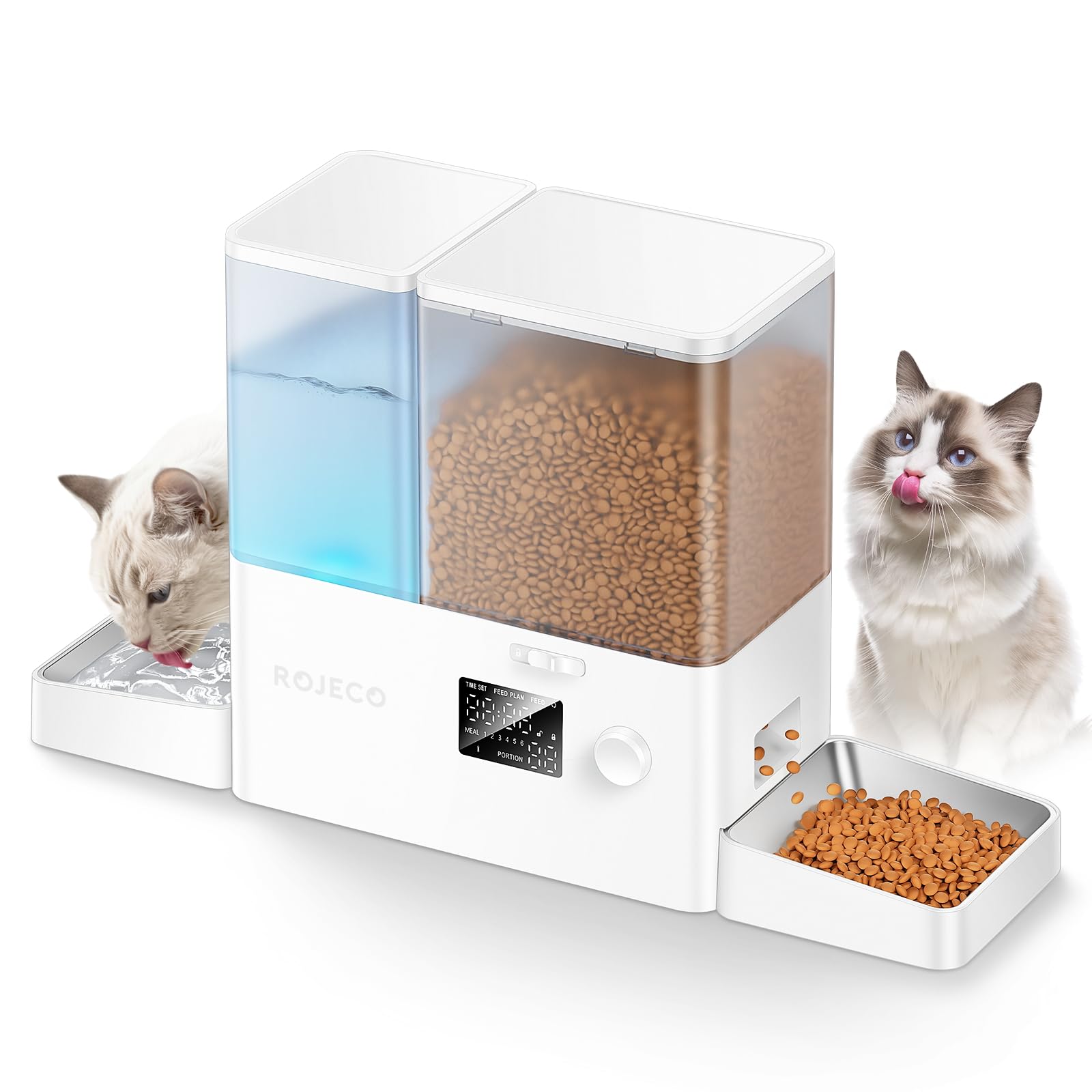 【送料無料】【10％OFFクーポン配布中】ROJECO 自動給餌器 猫 給水器一体化 餌やり機5L大容量 + 給水器 3.5L 餌詰まり防止 透明タンク