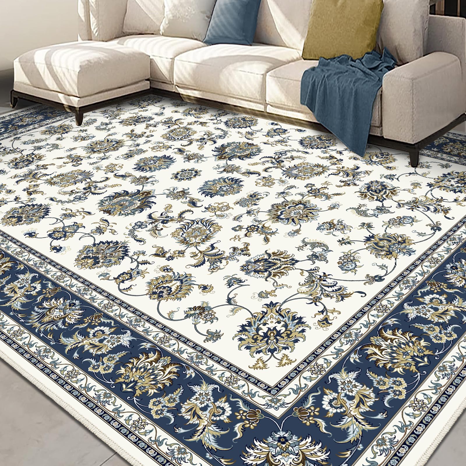 【楽天市場】【送料無料】【10％OFFクーポン配布中】FORTSEA 洗える 大判ラグ 200×250cm 3畳 ネイビー ペルシャ風 ...