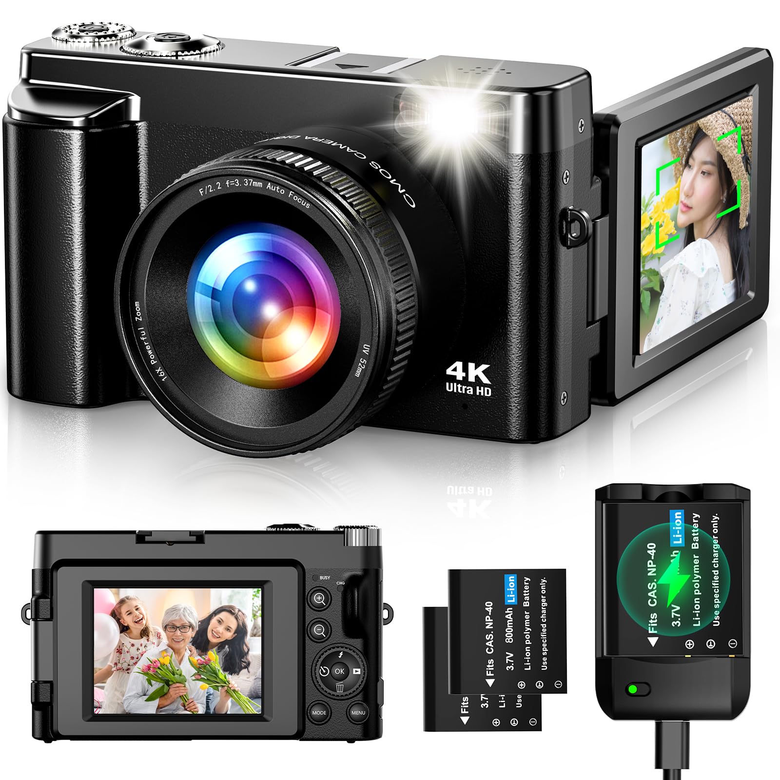 【送料無料】【10％OFFクーポン配布中】Oiadek デジタルカメラ 4K 4800万画素 デジカメ バッテリー充電器付き オートフォーカス機能 180｜デンダ店