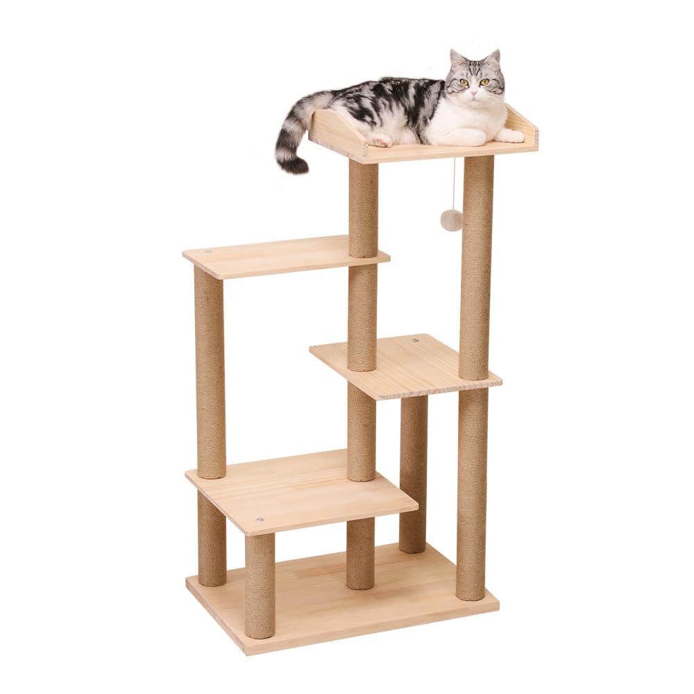 【送料無料】【10％OFFクーポン配布中】PETTIFUL キャットタワー 据え置き 木製 スリム おしゃれ 多頭飼い 大型猫 パイン材 無垢材 木登
