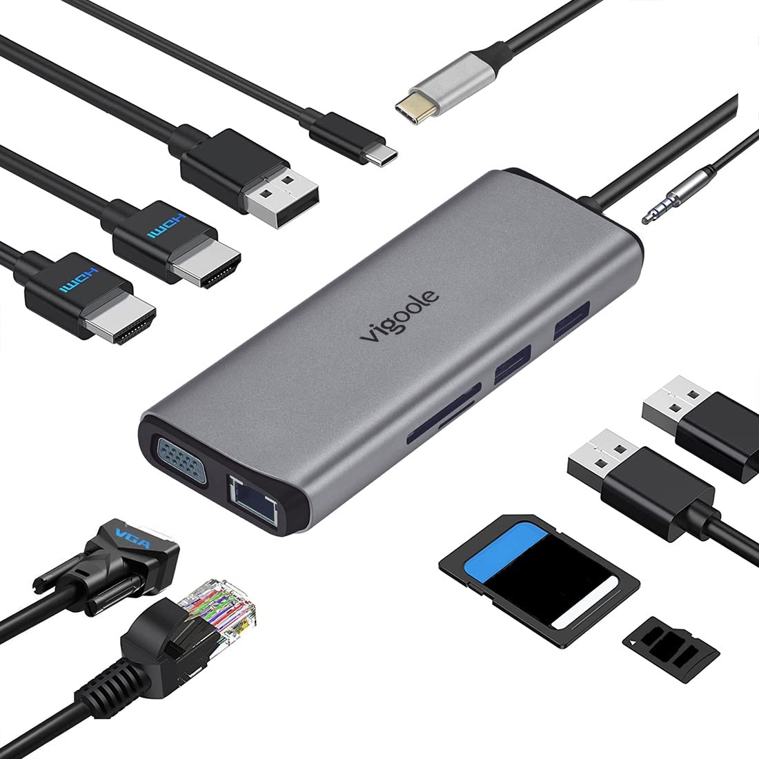 vigoole USB C ハブ 11-in-1 トリプルディスプレイUSB Type C ハブHDMI ドッキングステーション 変換アダプタ2（デュアル）HDMI 4K HDMI