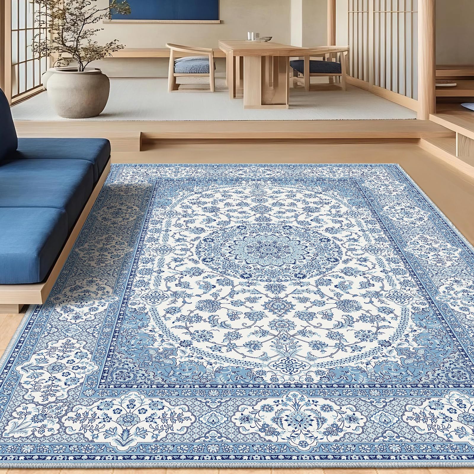 【貨物輸送無料】FORTSEA 気が大きい 引っ敷き 160×230糎 洗える イラン風 花柄 青色 矩形 防音 ふわふわ 上滑り打ち切り付き添い人 床保護すること リビン