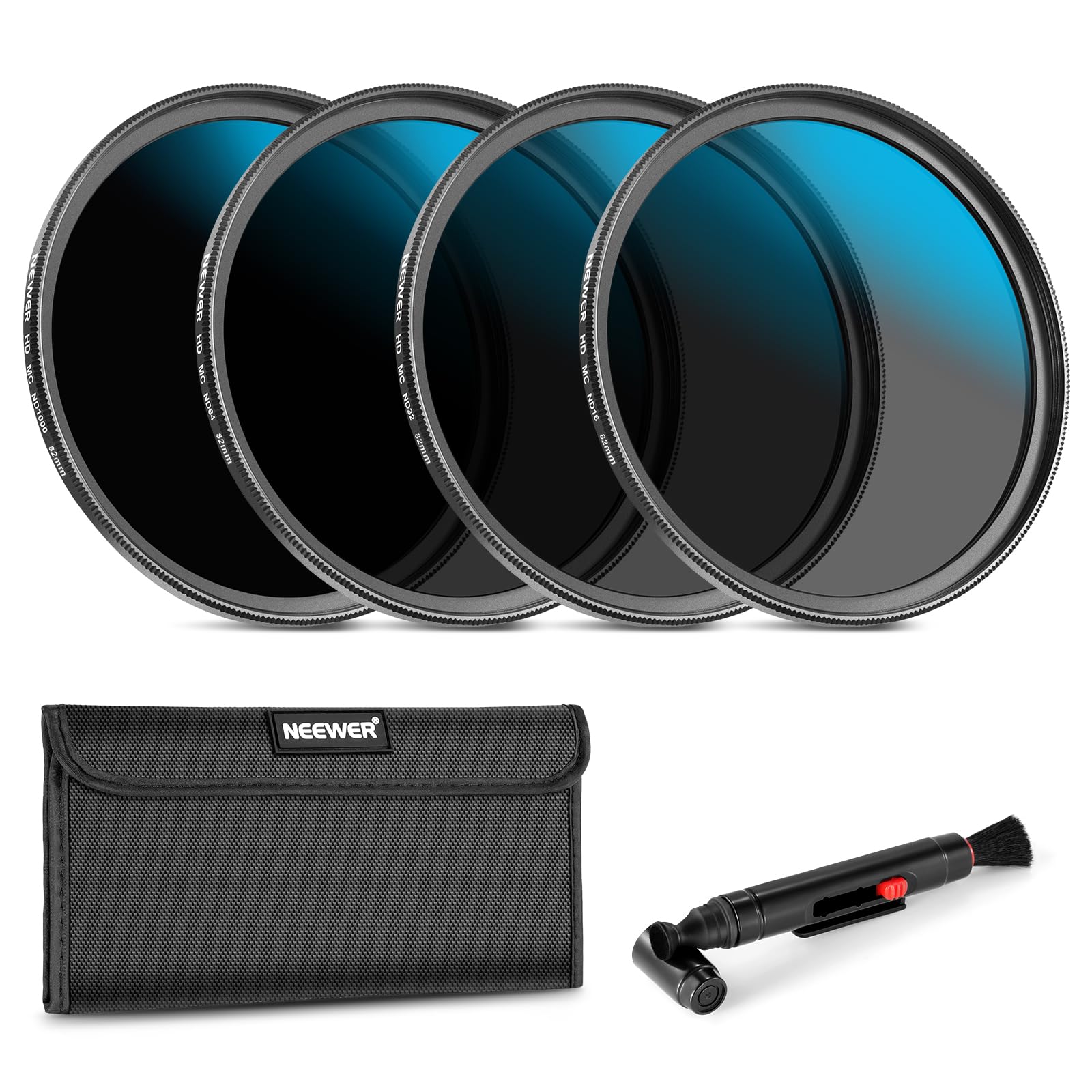【送料無料】NEEWER 82mm NDレンズフィルターセット ND16/ND32/ND64/ND1000 レンズクリーニングペン/フィルターポーチ付き 中性濃度 汎