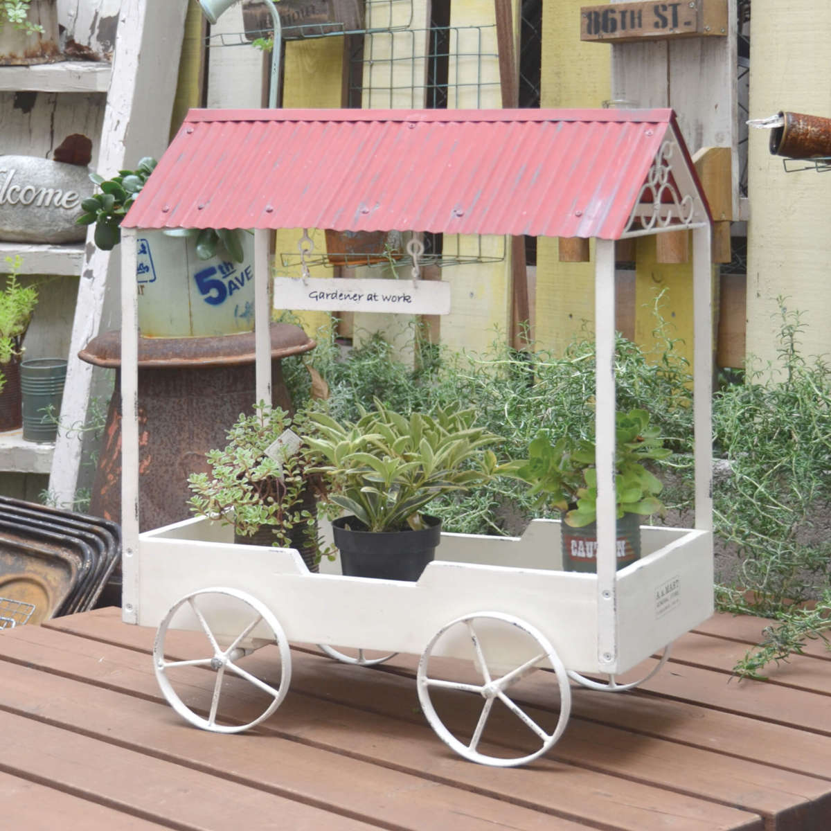 ガーデニング収納 フラワースタンド ガーデンラック ルーフワゴンプランター L 送料無料 家 ハウス おうち 型 ワゴン カート ガーデンカート フラワーワゴン 花台 フラワーポット 園芸 花 インテリア アンティーク加工 おしゃれ 39ショップ Kuechen Ly