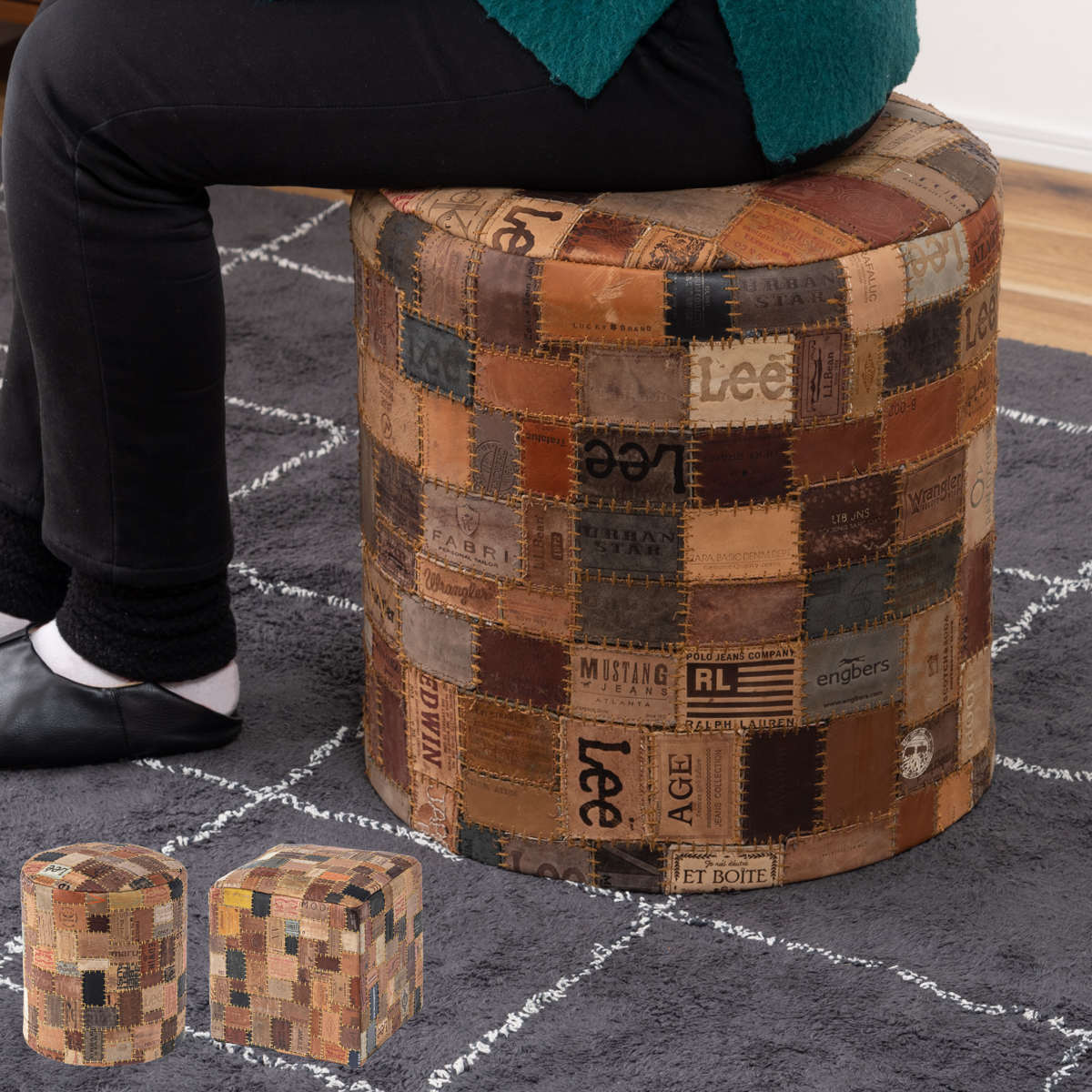 スツール 高さ44cm おしゃれ パッチワーク ラウンド キューブ 完成品 （ 椅子 チェア 腰掛け イス ヴィンテージ調 本革 合皮 サイドテーブル オットマン 軽量 丸 革タグ サブチェア 来客用 リビング キッチン 玄関 簡易テーブル ）【39ショップ】