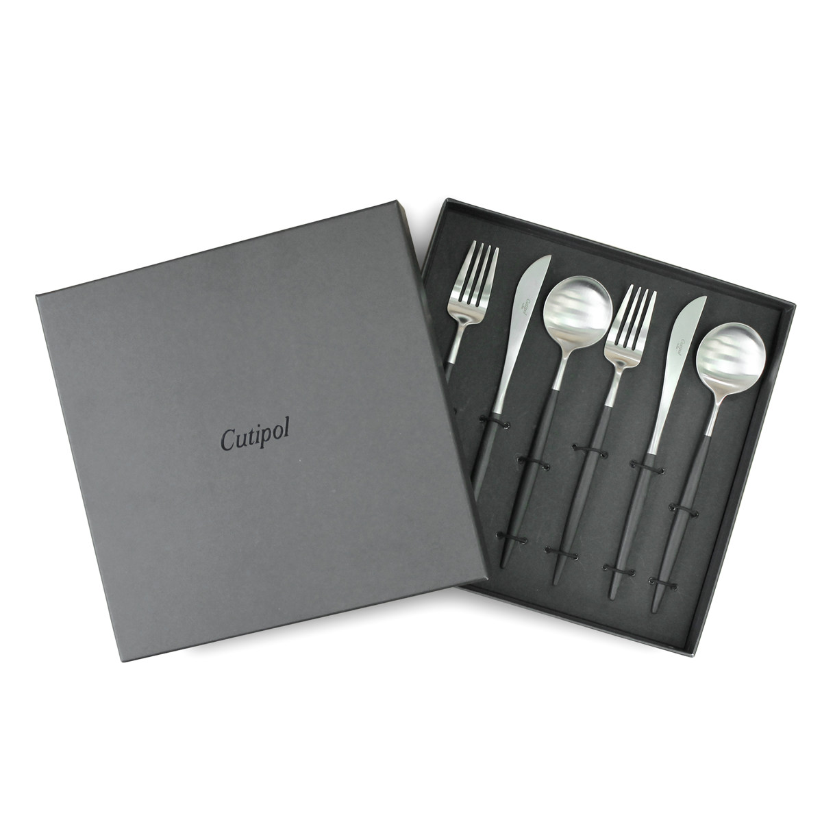 Cutipol クチポール GOA ブラック×シルバー ディナー 6pcsセット ( ディナーナイフ ディナーフォーク ディナースプーン 箱入 ナイフ フォーク スプーン ステンレス カトラリー 正規品 国内正規品 保証書付き おしゃれ かわいい )【39ショップ】|インテリアパレット