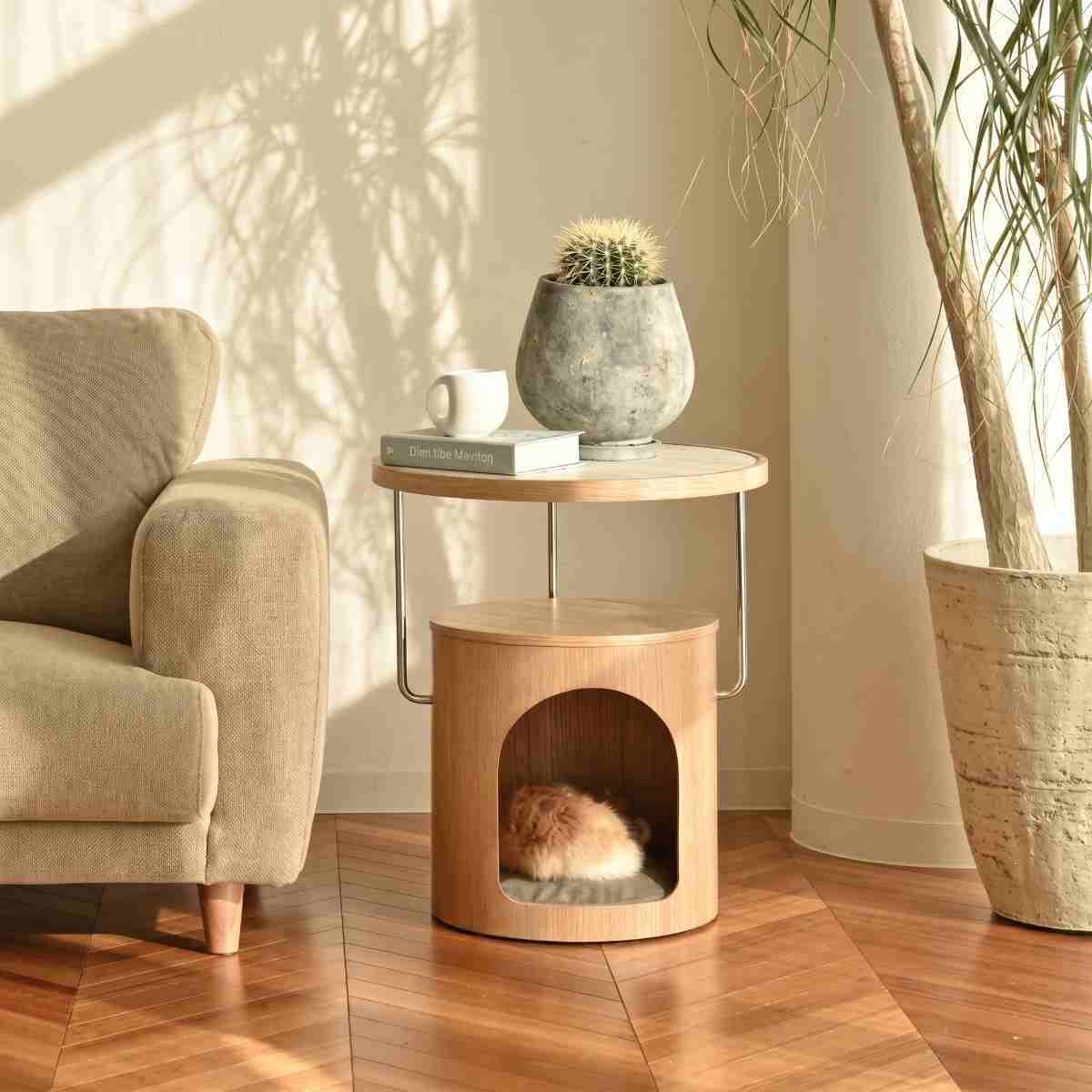 サイドテーブル 幅48cm キャットハウス 天然木 ニャンモ ( ミニテーブル テーブル 丸テーブル 木製 ペットハウス おしゃれ ペットベッド ネコ 棚付き クッション付き ねこ 猫 丸 ソファサイド ベッドサイド コーヒーテーブル )【39ショップ】|インテリアパレット