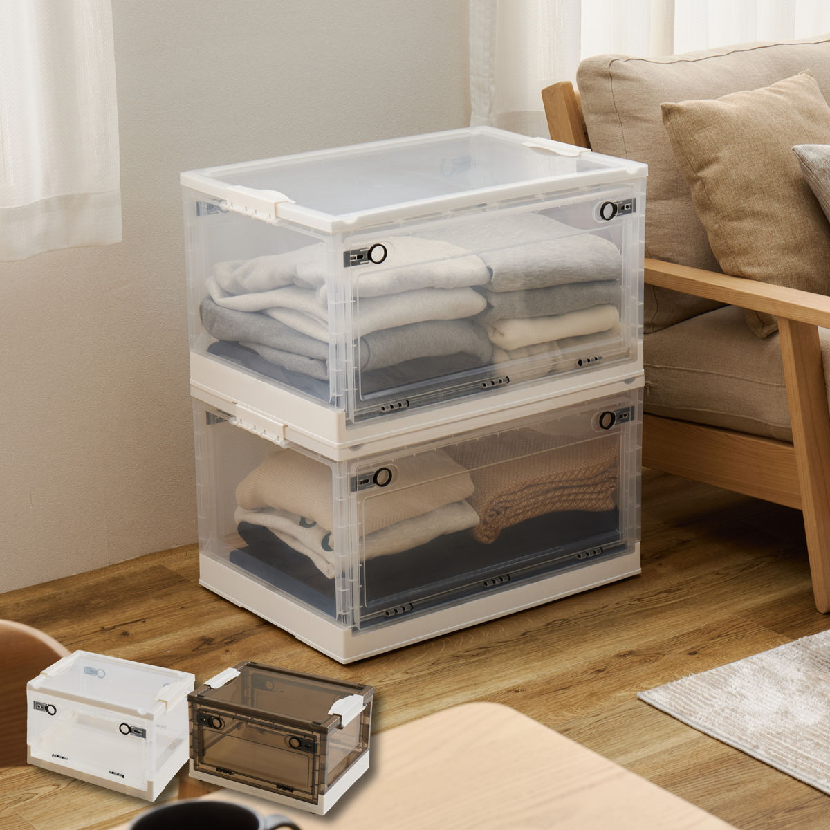 収納ケース 折りたたみ 収納ボックス 幅60.5×奥行42×高さ33cm XLサイズ 66L 同色5個セット （ 収納 ボックス ケース 前開き 上開き 3面開き 積み重ね スタッキング コロ付き キャスター付き 小物入れ 小物収納 ）【39ショップ】