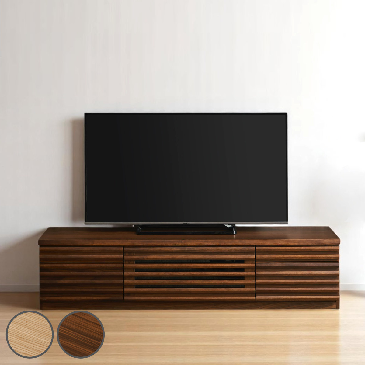 テレビ台 幅160cm ローボード 70型対応 天然木 完成品 （ TV台 テレビボード 収納 家具 ラック フラップ扉 無垢 引き出し 可動棚 リビングボード ルーバー ナチュラル ウォールナット ）【39ショップ】｜インテリアパレット