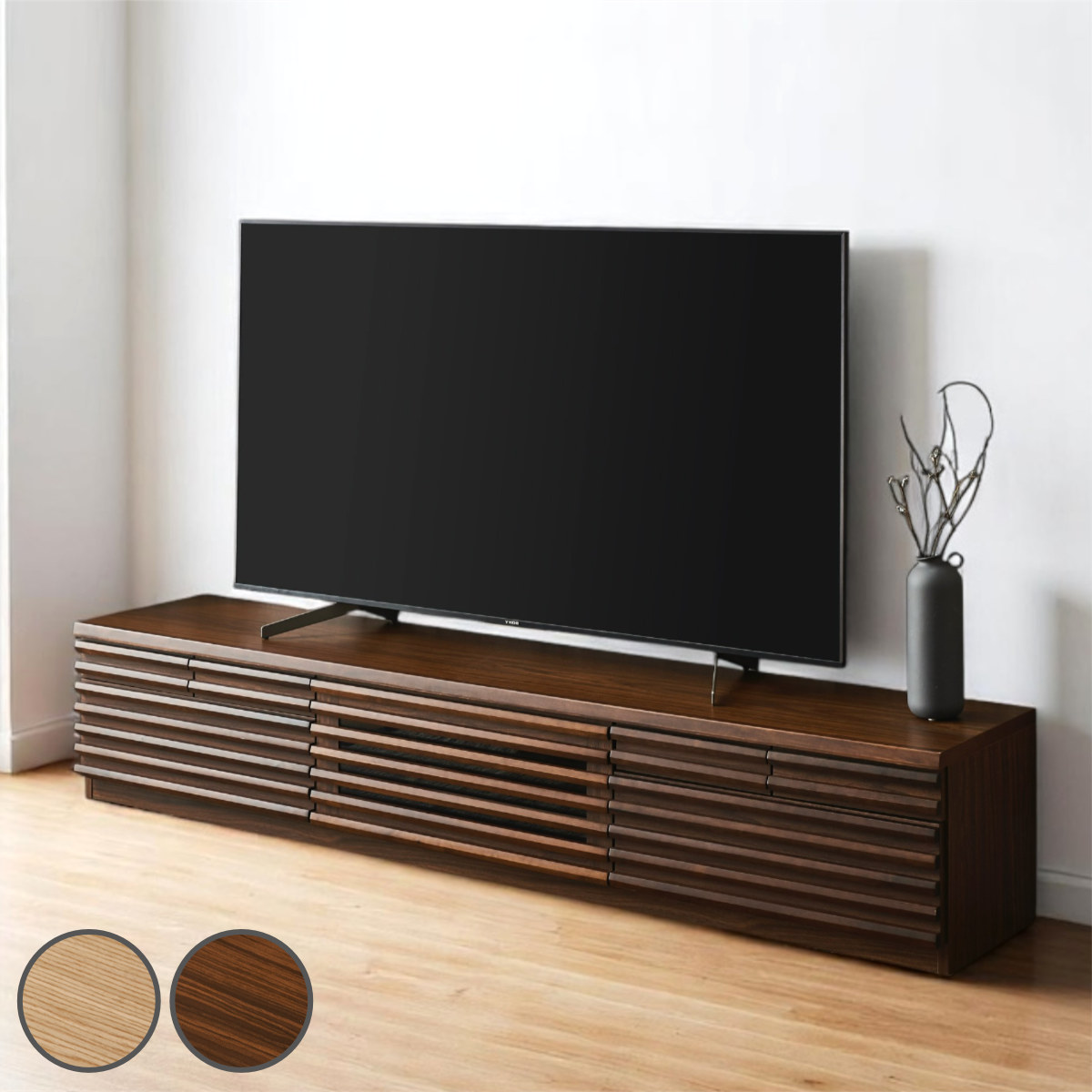 テレビ台 幅200cm ローボード 80型対応 天然木 完成品 （ TV台 テレビボード 収納 家具 ラック フラップ扉 無垢 引き出し 可動棚 リビングボード ルーバー ナチュラル ウォールナット ）【39ショップ】｜インテリアパレット