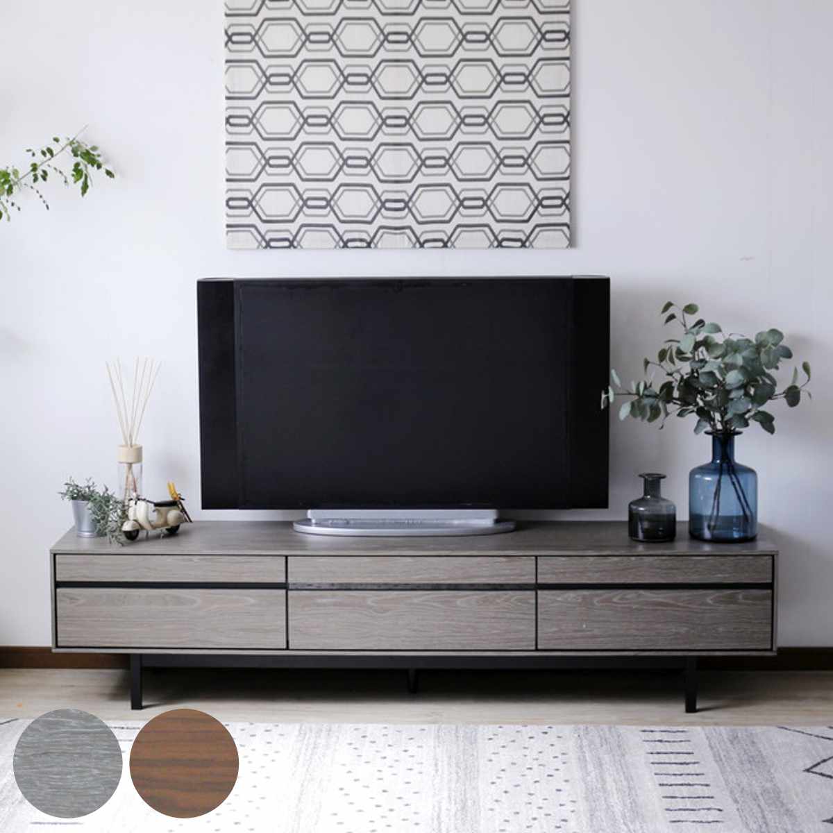 テレビ台 幅150cm 脚付き リモコンOK 天然木 完成品 （ ローボード 引出し ラック 棚 収納 フラップ扉 リビングボード 省スペース お掃除ロボット対応 グレー ウォールナット ）【39ショップ】｜インテリアパレット