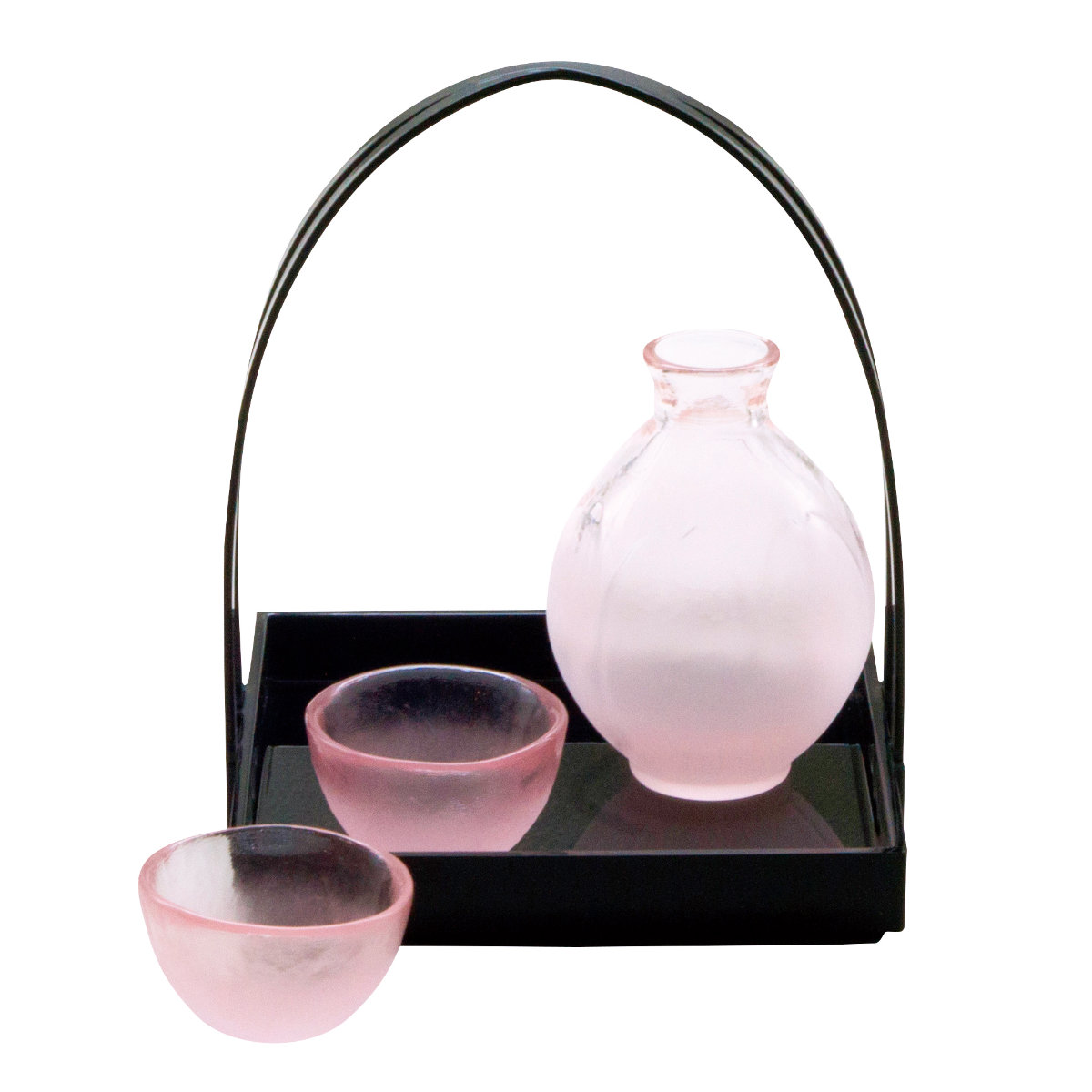 廣田硝子 はなほのか桃 酒器 三点揃 手籠付き ( ガラス 日本製 酒 お酒 食器 冷酒 徳利 盃 おちょこ 籠 かご付き おしゃれ かわいい ピンク )【39ショップ】