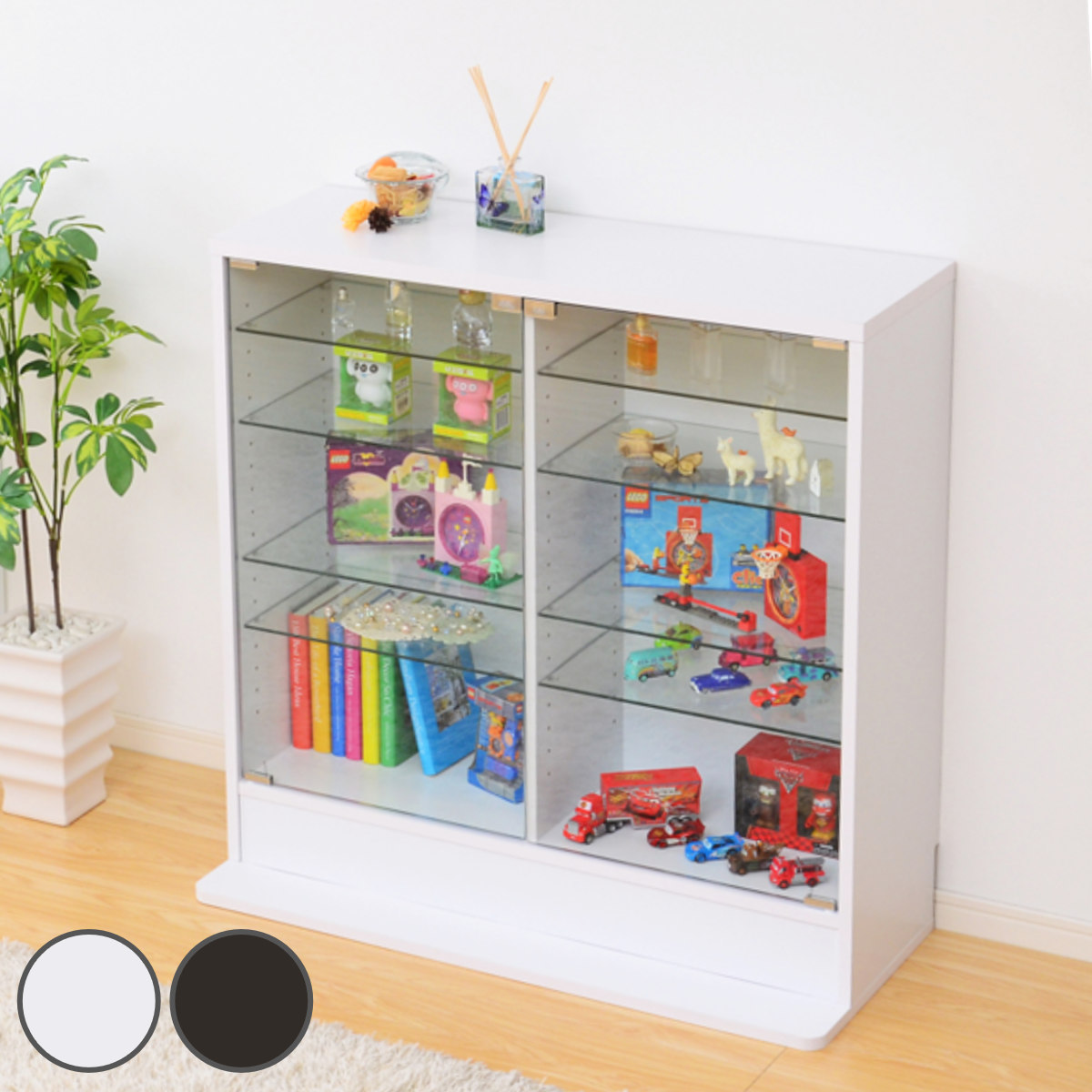 コレクションラック 幅90cm ワイド ロー 深型 ショーケース ( ウィスキー棚 ラック コレクション ガラスキャビネット ガラス棚板 キャビネット ディスプレイ ガラス 可動棚 収納 ホワイト ダークブラウン )【39ショップ】