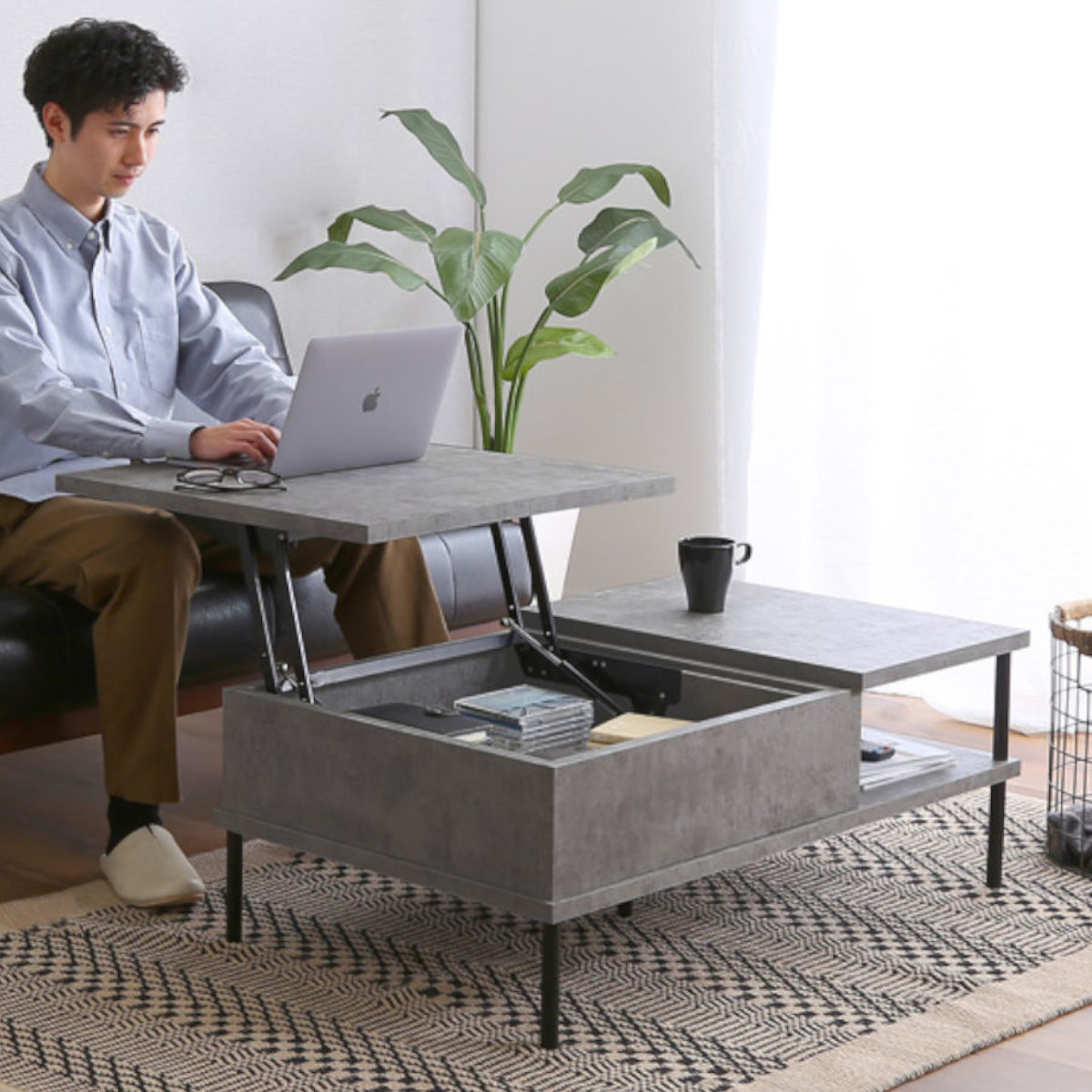 リフティングテーブル 幅100cm センターテーブル コンクリート調 （ リビングテーブル ローテーブル テーブル 収納 グレー 天板 リフトアップ 昇降天板 長方形 完成品 スタイリッシュ モダン ）【39ショップ】