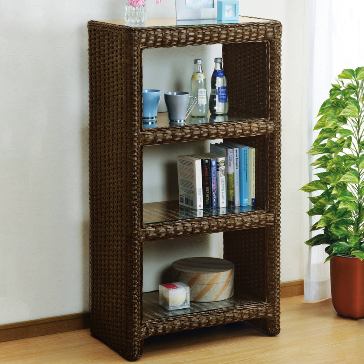 籐製　飾り棚　ラタン家具 籐 飾り棚 ウォールラック ハンドメイド 約幅43cm （ ラタン製 壁掛け