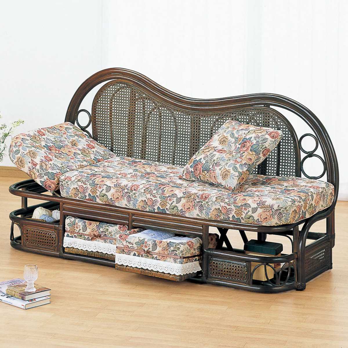 籐 カウチソファ リクライニング 引出し付 幅145cm （ 送料無料 家具 ソファー 籐家具 ラタンチェア チェア 2人掛けソファ 籐椅子 花柄 クッション 収納付き おしゃれ ） 【39ショップ】｜インテリアパレット
