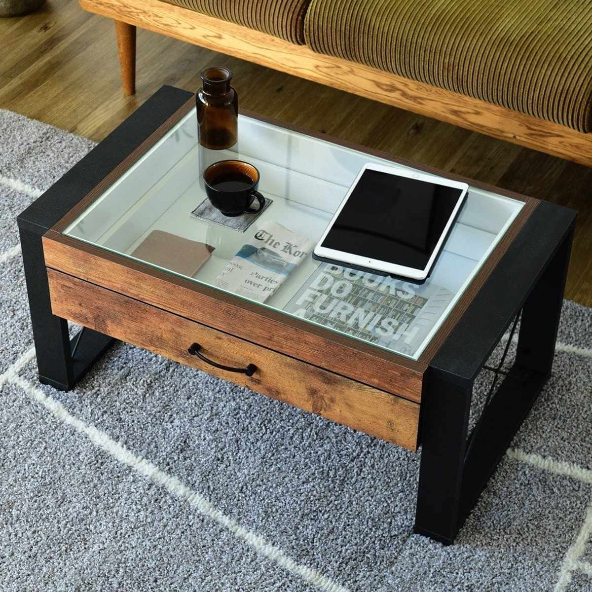 ローテーブル 幅75.5cm コレクションテーブル レトロ調 ブルックリンスタイル ( テーブル 机 リビングテーブル 引き出し 収納 センターテーブル つくえ コーヒーテーブル ガラステーブル ガラス )【39ショップ】|インテリアパレット