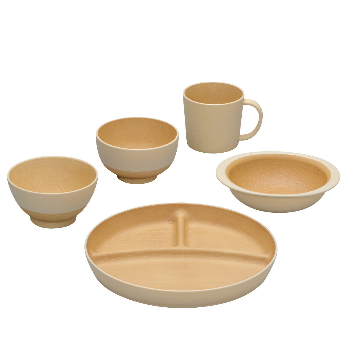 茶碗 汁椀 マグカップ ボウル プレート やさしい彩り 食育 5点セット （ 電子レンジ対応 食洗機対応 BPAフリー 抗菌 キッズ 子ども 子供 飯椀 皿 お皿 日本製 コップ マグ おしゃれ かわいい シンプル 仕切り皿 ランチ皿 3つ仕切り ）【39ショップ】