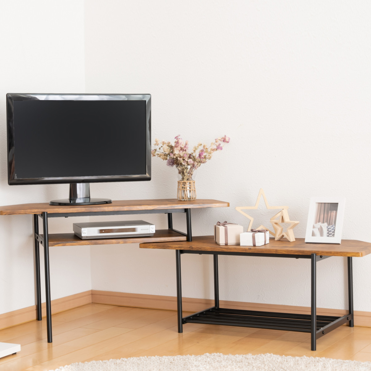 伸縮テレビ台 19～30V型対応 ブルックリンスタイル スチール 幅80～131cm （ テレビ台 伸縮 TV台 コーナー 棚 収納 家具 ラック TVラック リビングボード 飾り棚 シェルフ ）【39ショップ】