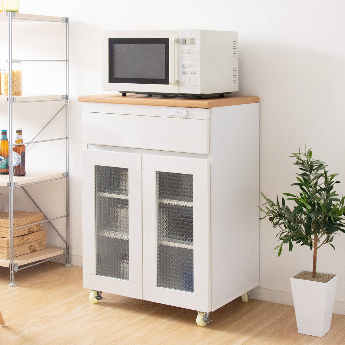 キッチンキャビネット完成品カントリー調タイルトップ引出し付約幅60cm