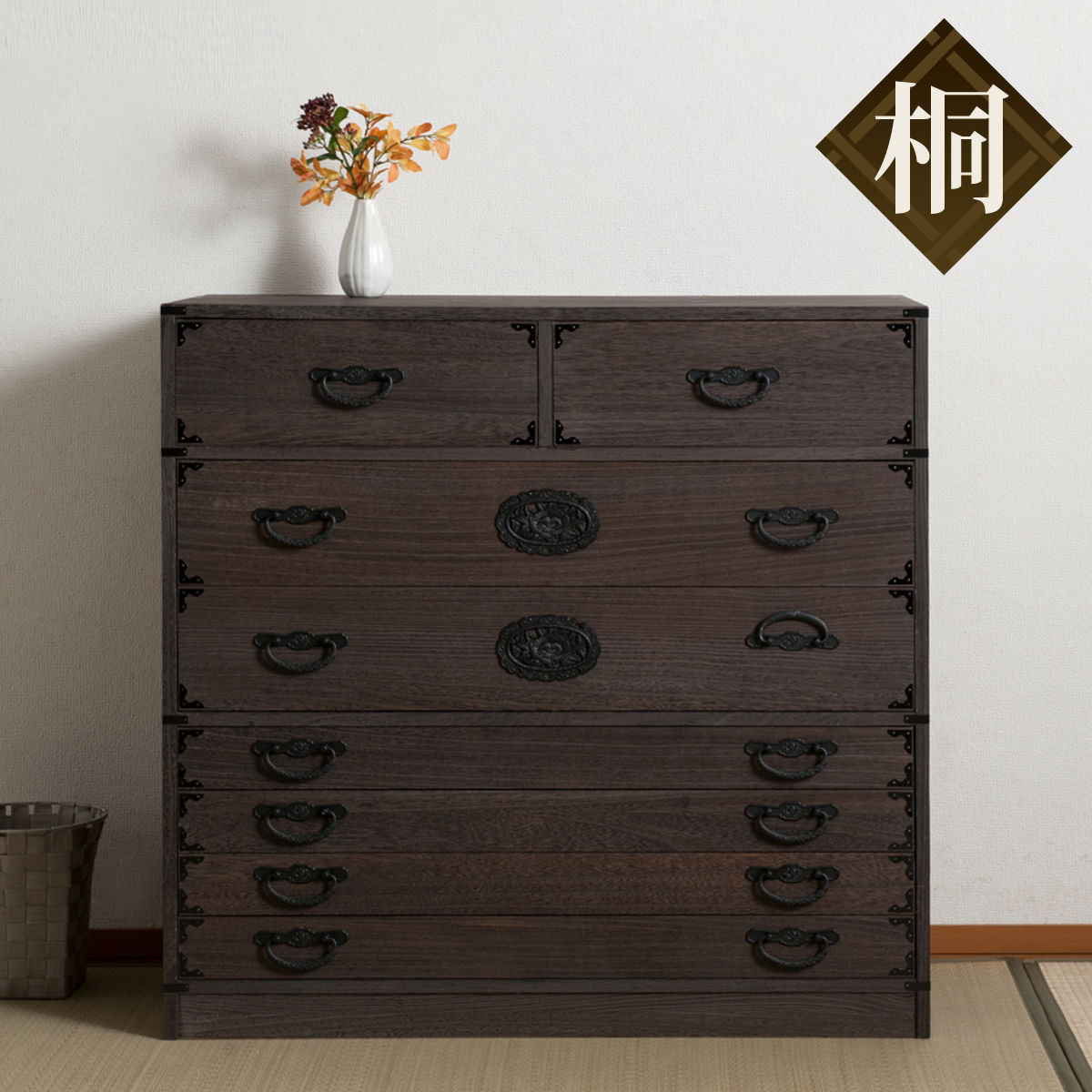 焼桐タンス 7段 民芸調 桐箪笥 日本製 幅100cm （ 桐タンス タンス たんす 箪笥 桐たんす 完成品 チェスト 桐 和箪笥 着物収納 国産 着物 折らない 収納 衣類収納 たとう紙 ）【39ショップ】｜インテリアパレット
