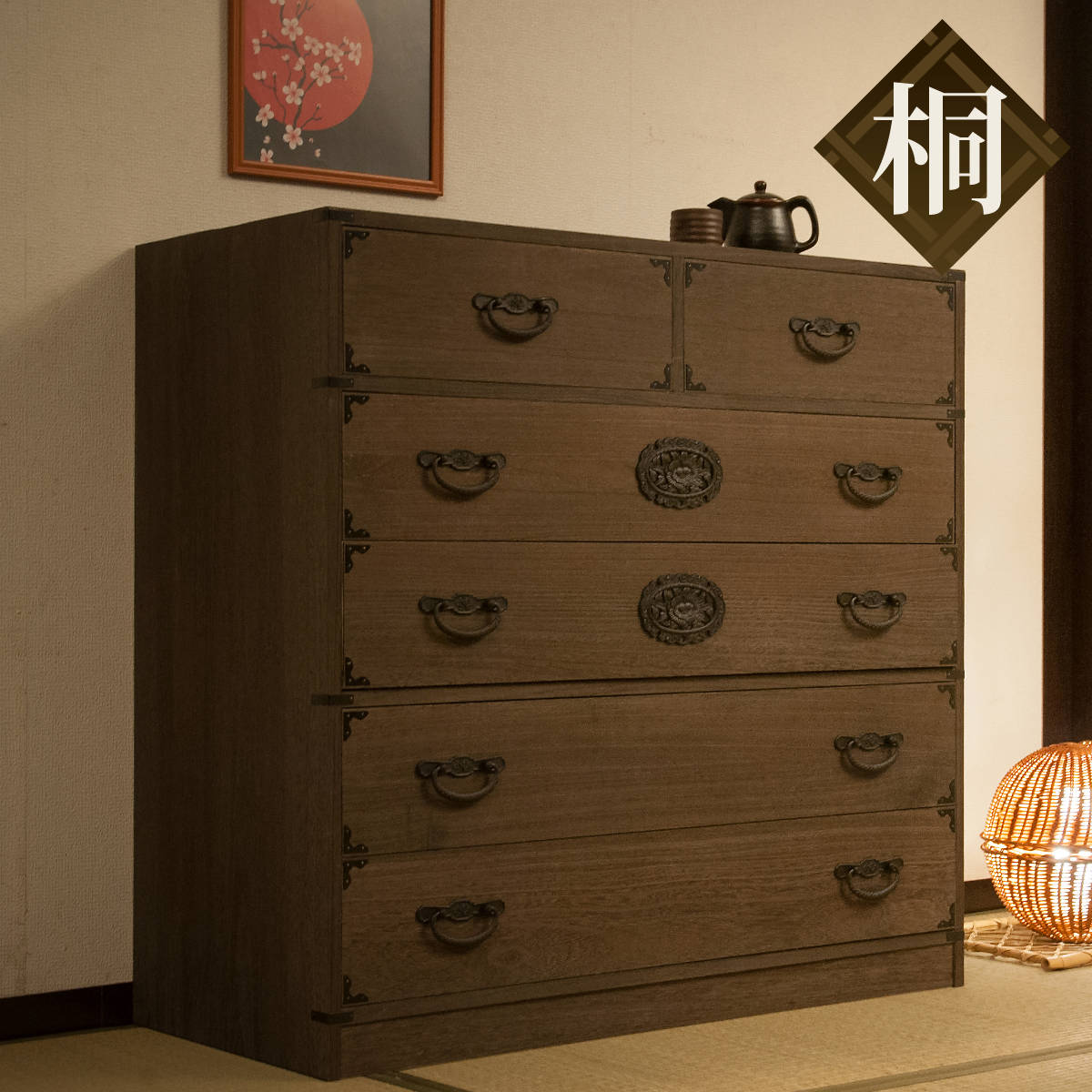 桐 民芸箪笥 幅99.5cm 5段 積み重ね 時代 （ たんす 収納 組み合わせ 日本製 完成品 チェスト 家具 引き出し 五段 調湿 和だんす 着物収納 天然木 ）【39ショップ】