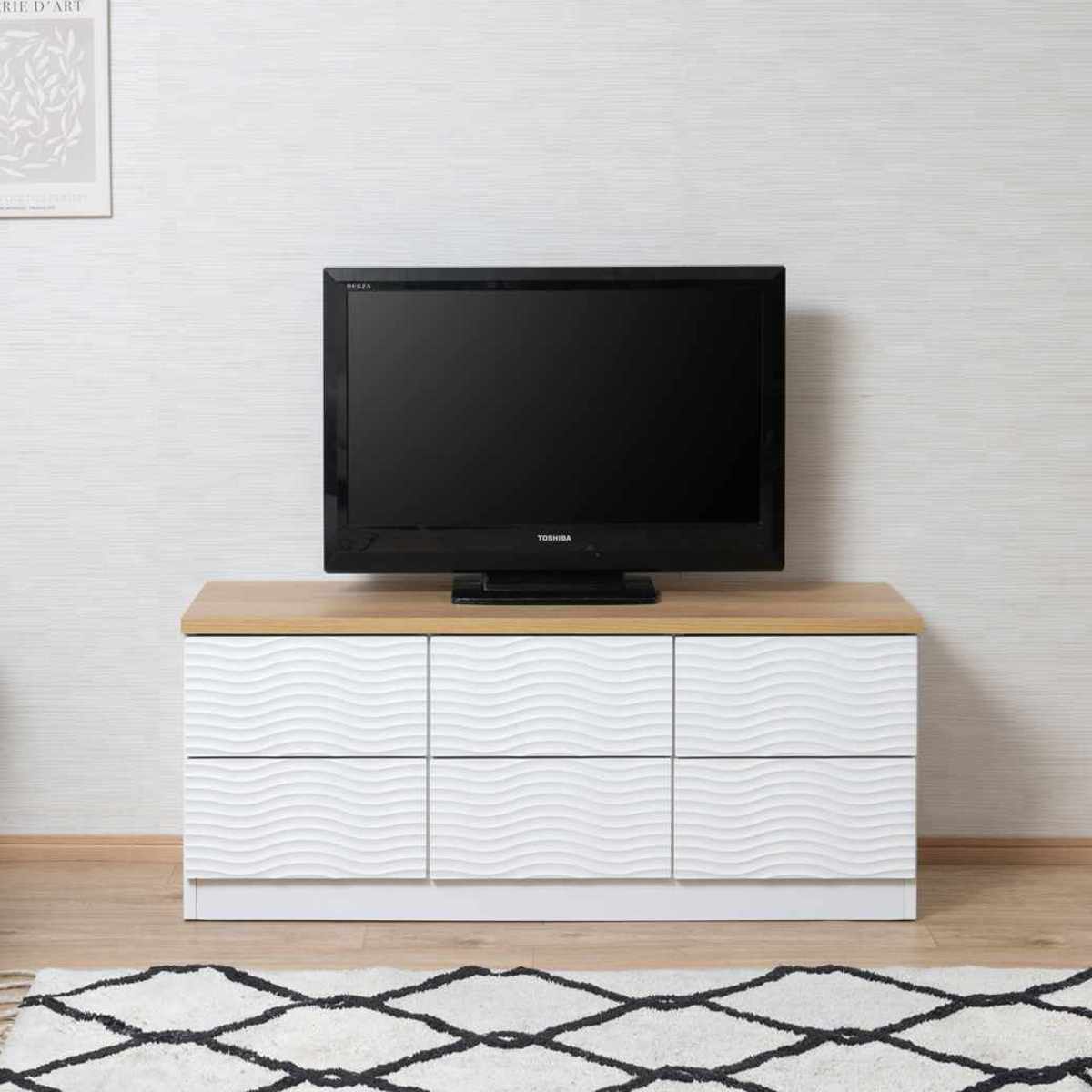 チェスト 幅120cm ウェーブ模様 引出し6杯 日本製 完成品 （ wave ローボード テレビ台 収納 TV台 テレビボード 引出し ホワイト シンプル 6杯 ）【39ショップ】