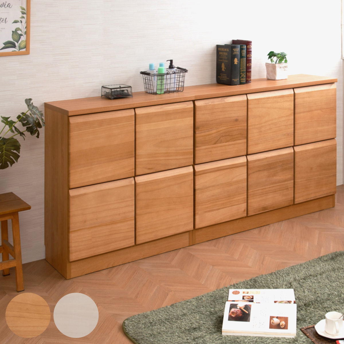 桐 キャビネット 幅72cm 幅107.5cm 扉タイプ 引出しタイプ デスクタイプ 日本製 完成品 （ 棚 ラック 扉 収納 天然木前板 A4対応 引出し デスク リビング収納 ルーター収納 配線穴 コンセント ホワイトウォッシュ ライトブラウン ）【39ショップ】｜インテリアパレット