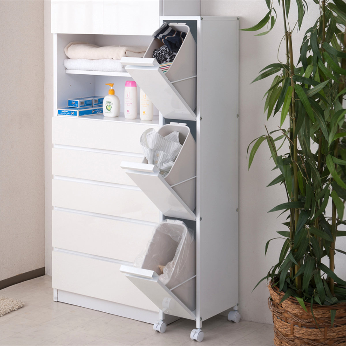 ま*せ様 スチール　ダストボックス　4分別　ホワイト／メープル　ゴミ箱 ダスト ボックス 4分別 2段 薄型 スリム スチール製 20Lペール