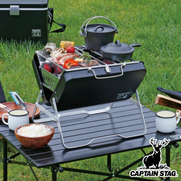 アウトドア コンロ 食べ物屋 V型火の手食べ物屋 黒いこと付け紙 キャプテンスタッグ CAPTAIN STAG （ 貨物輸送無料 丸焼きコンロ BBQコンロ 丸焼き食べ物屋 卓上 小型 折りたたみ 意中の女付き添い人 かがり火台 BBQ食べ物屋 今めかしい ） 【39販売店】