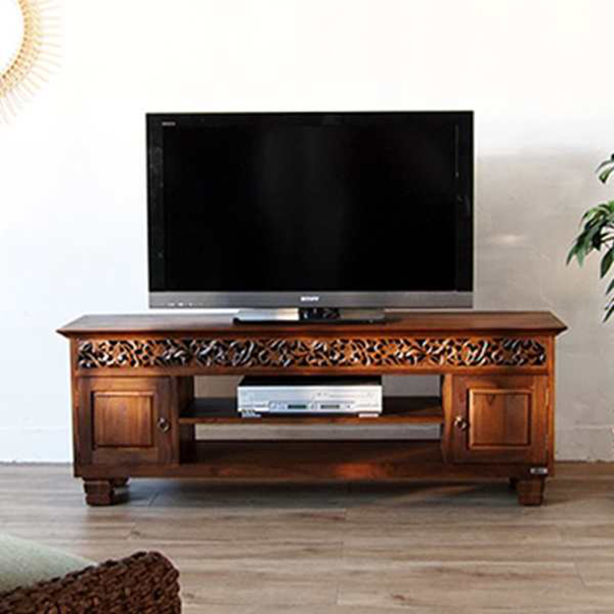 テレビ台 幅150cm ミドルタイプ アジアンテイスト 天然木 チーク （ TVボード TV台 完成品 エスニック アンティーク AVラック AV収納 リビング収納 テレビラック 大型 ）【39ショップ】｜インテリアパレット