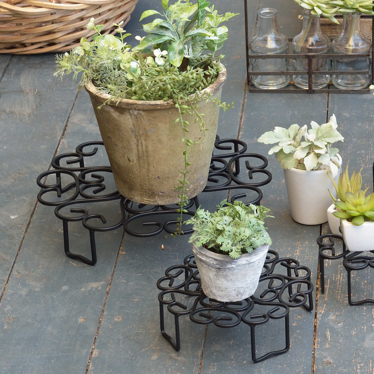 フラワースタンドチェアータイプ&リメ缶set※花台※インテリア※デコパージュ薔薇 フラワースタンドチェアータイプ&リメ缶set※花台※ガーデン雑貨