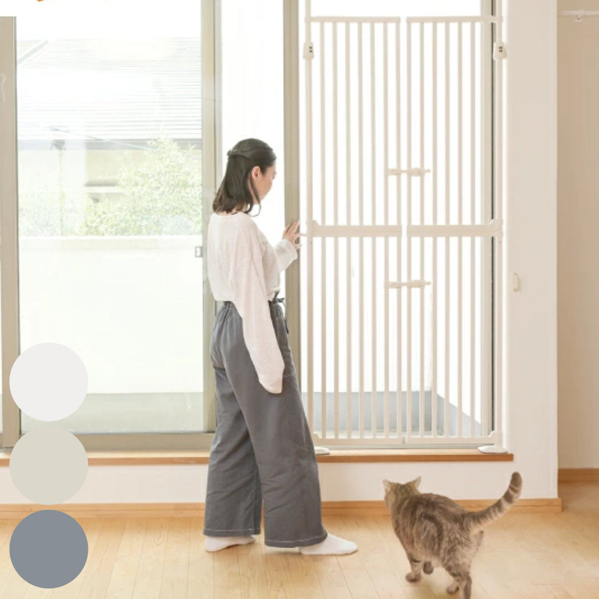 ペットゲート 猫 にゃんドア ハイタイプ 突っ張り ( ゲート 柵 ゲージ ドア付き 扉式 ダブルロック 脱走防止 対策 ペット用 犬 シンプル フェンス 両開き バリアフリー 玄関 キッチン ベランダ )【39ショップ】|インテリアパレット