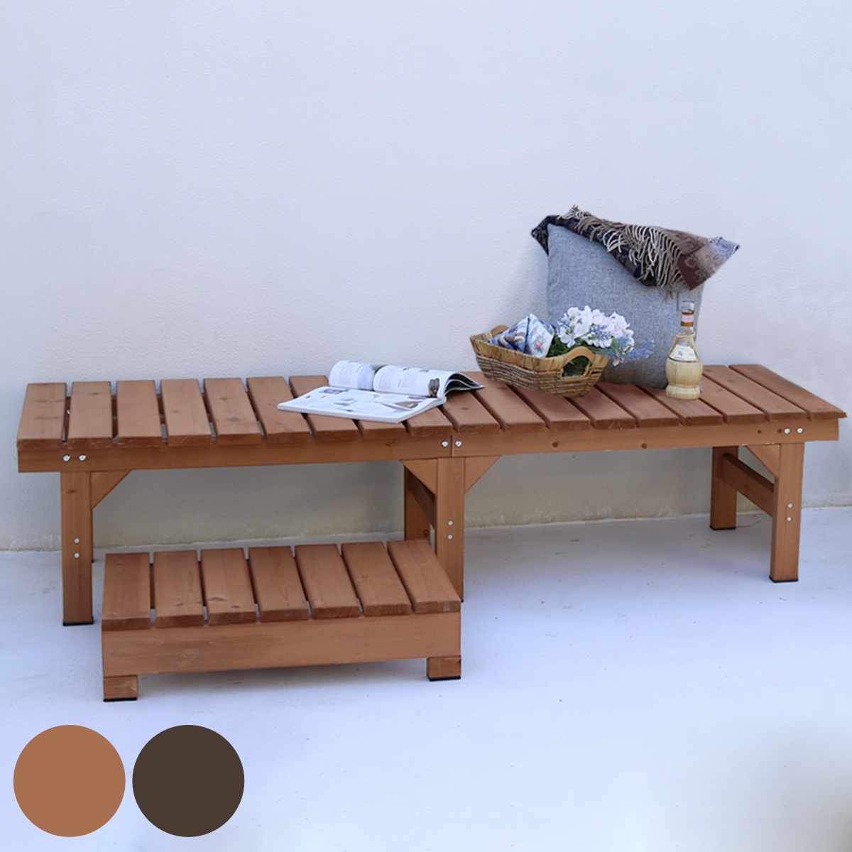ユニット縁台ベンチ hiyori ステップセット 幅174×奥行55cm （ ガーデンデッキ ベンチ 木製 屋外 ウッドデッキ ウッドベンチ 庭 バルコニー 縁台 天然木 杉 庭先 ぬれ縁 踏み台 掃き出し窓 連結 ウッド デッキ おしゃれ ）【39ショップ】