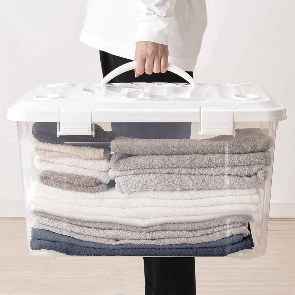 収納ボックス 幅58×奥行42×高さ34cm フタ付き 持ち手付き プラスチック 6個セット （ 収納ケース 収納 衣類 小物 キャスター付き 片開き ロック式 積み重ね 持ち運び フタ 持ち手 付き 防災グッズ 食品 日用品 ストック おもちゃ ）【39ショップ】