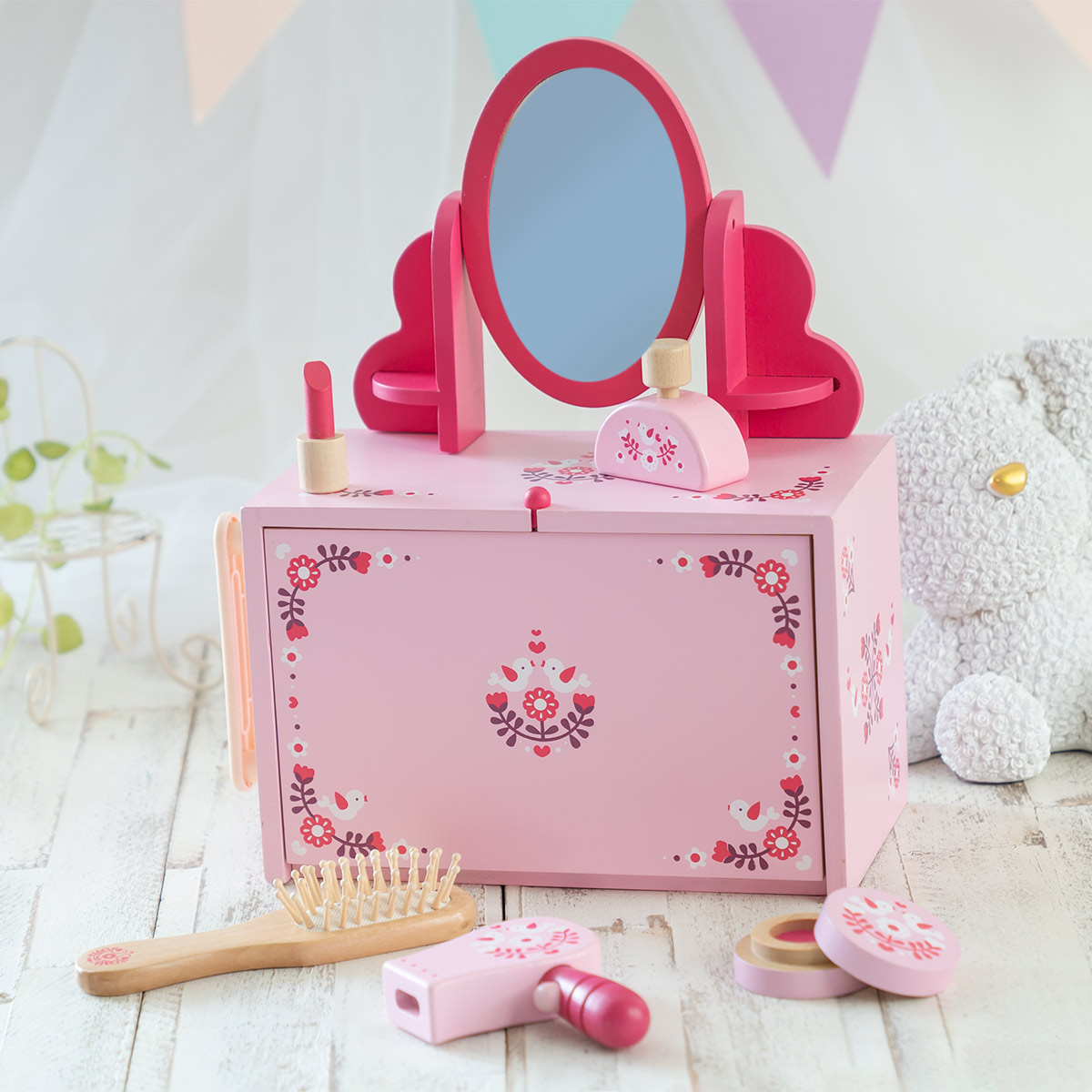 おもちゃ おままごとセット ドレッサーセット 木製 （ 木製おもちゃ 木のおもちゃ ドレッサー 玩具 3歳 子ども キッズ 幼児 女の子 かわいい おままごと ごっこ遊び メイク 化粧台 ボックス付き 持ち運び プレゼント ）【39ショップ】