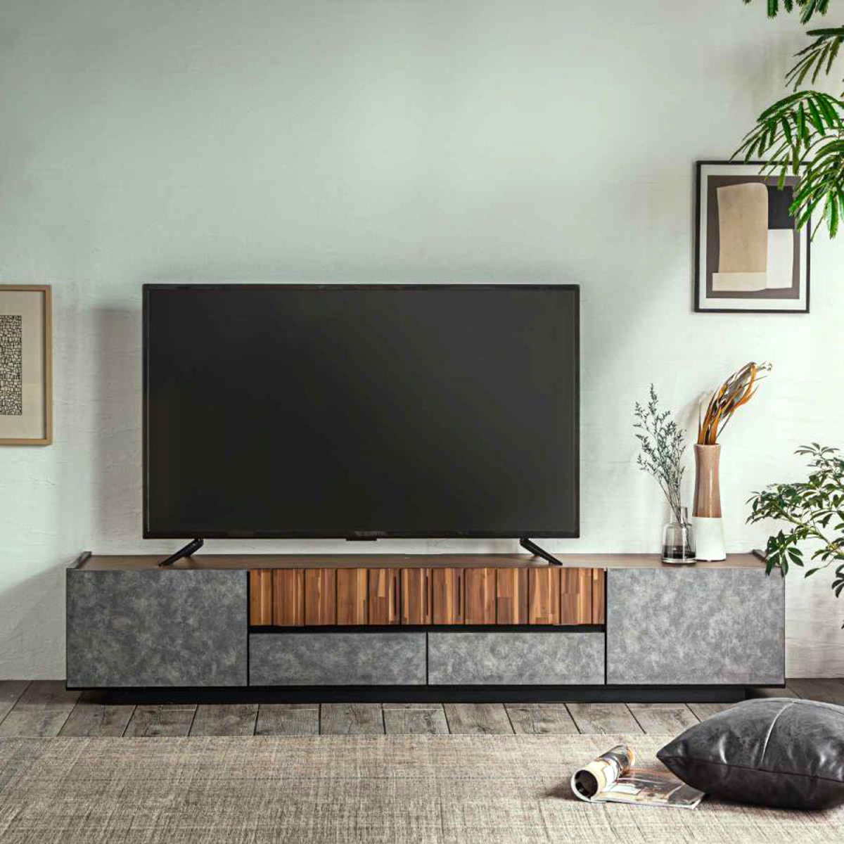 テレビ台 幅179.9cm ローボード コンクリート調 アカシア材 モダンデザイン （ TV台 TVボード テレビラック テレビ フラップ扉 家具 日本製 完成品 TVラック AVラック 収納 リビング モダン 引き出し 棚 ）【39ショップ】｜インテリアパレット