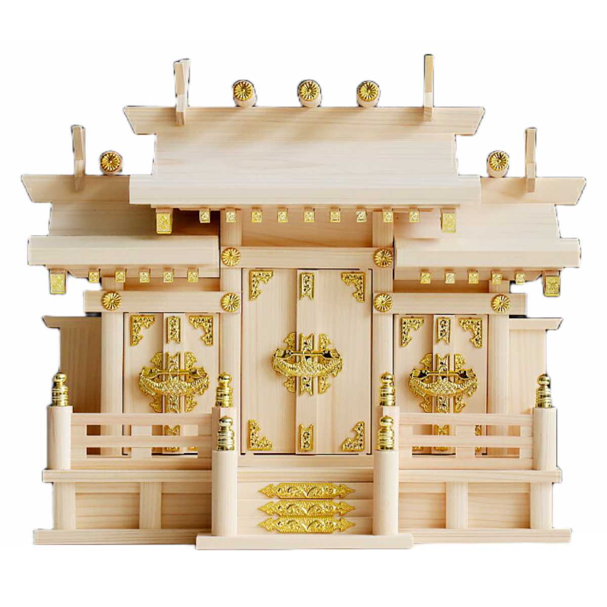 神棚 大屋根くい違い 三社 特小 （ 貨物輸送無料 お寺さま 宮形 桧 檜 神具 至上者からだ付き 三社宮 袖付き添い人 木材からだ付き お金入れ お供え 魔よけ 御神札 造営 お正月 神札 魔よけ立て ひのき 生まれながら木 置き型 祀る 小さめ パウダーコンパクト ） 【39販売店】