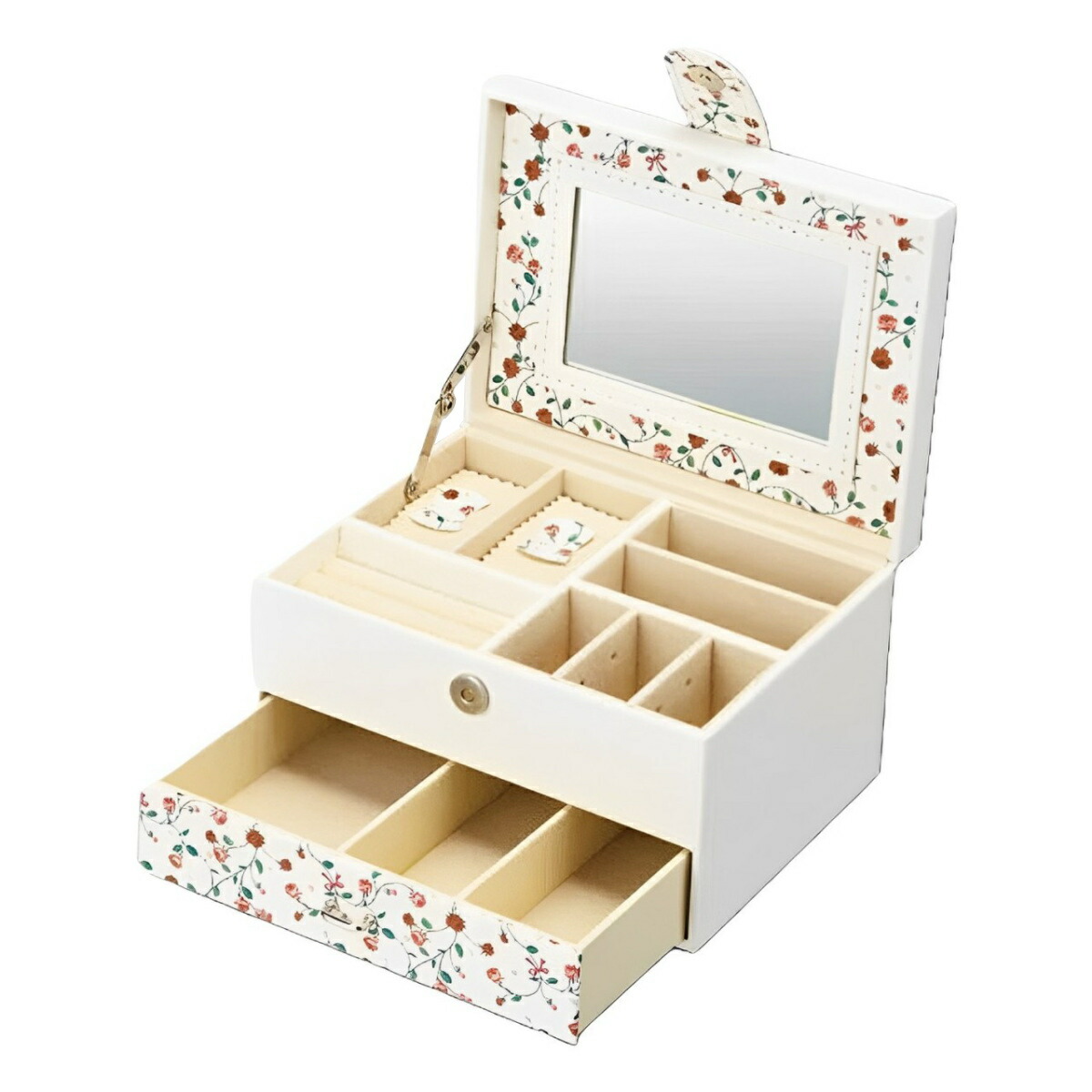 アクセサリーケース フラワー ジュエリーボックス Mサイズ 引き出し （ 幅18×奥行13×高さ11cm レザー調 収納 アクセサリートレー ミラー付き ボックス 宝石箱 ネックレス リング ピアス 指輪 かわいい 花柄 イヤリング 2段 ）【39ショップ】