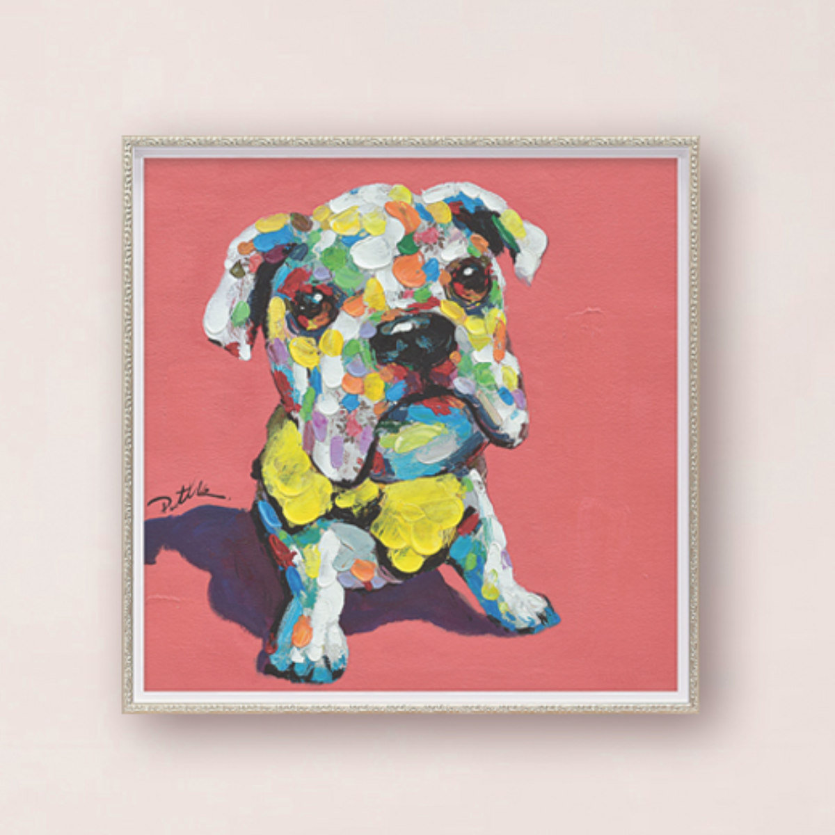 アートパネル オイルペイントアート 『イエロー ボウタイ ドッグ』 63×63cm （ 絵画 絵 アート インテリア 額 額入り 壁掛け 犬 動物 カラフル ポスター アートフレーム アートポスター ウォールアート パネル 額付き ）【39ショップ】