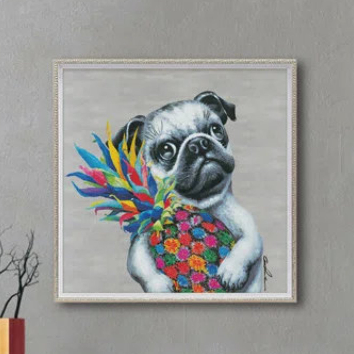 アートパネル オイルペイントアート 『カラフルパイン』 63×63cm （ 絵画 絵 アート インテリア 額 額入り 壁掛け 犬 動物 カラフル ポスター アートフレーム アートポスター ウォールアート パネル 額付き パイナップル ）【39ショップ】