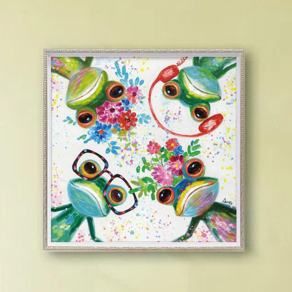 アートパネル オイルペイントアート 『カエルの星』 63×63cm （ 絵画 絵 アート インテリア 額 額入り 壁掛け カエル 蛙 カラフル ポスター アートフレーム アートポスター ウォールアート パネル 額付き 額縁 壁飾り リビング ）【39ショップ】