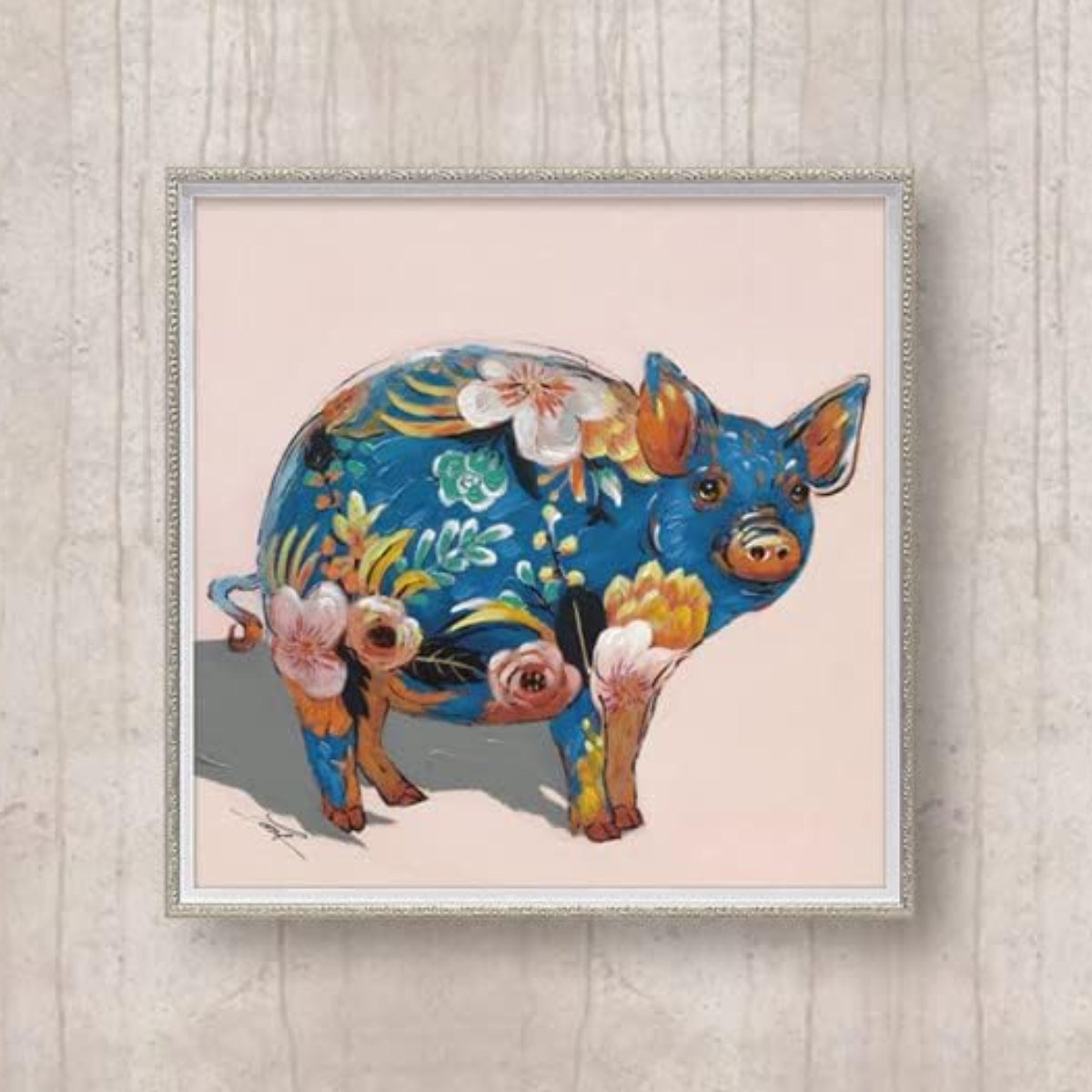 アートパネル オイルペイントアート 『ペイント ピッグ』 63×63cm （ 絵画 絵 アート インテリア 額 額入り 壁掛け ブタ 花 フラワー ポスター アートフレーム アートポスター ウォールアート パネル 額付き 額縁 壁飾り リビング ）【39ショップ】