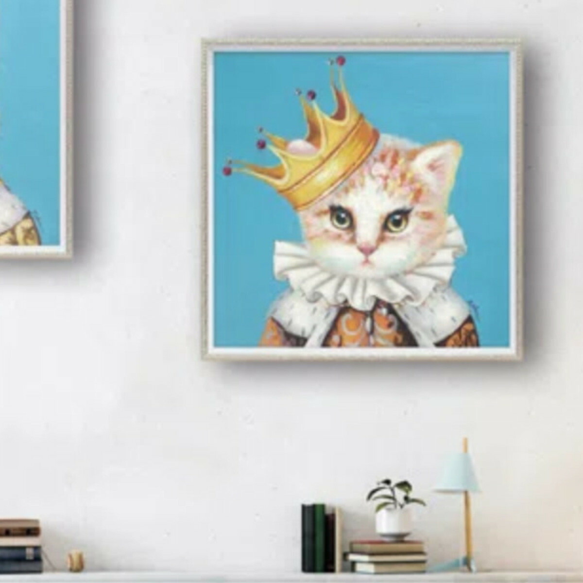 アートパネル オイルペイントアート 『ブルー クイーン』 63×63cm （ 絵画 絵 アート インテリア 額 額入り 壁掛け 油絵 おしゃれ 猫 白猫 ネコ ポスター アートフレーム アートポスター ウォールアート パネル 額付き 正方形 ）【39ショップ】