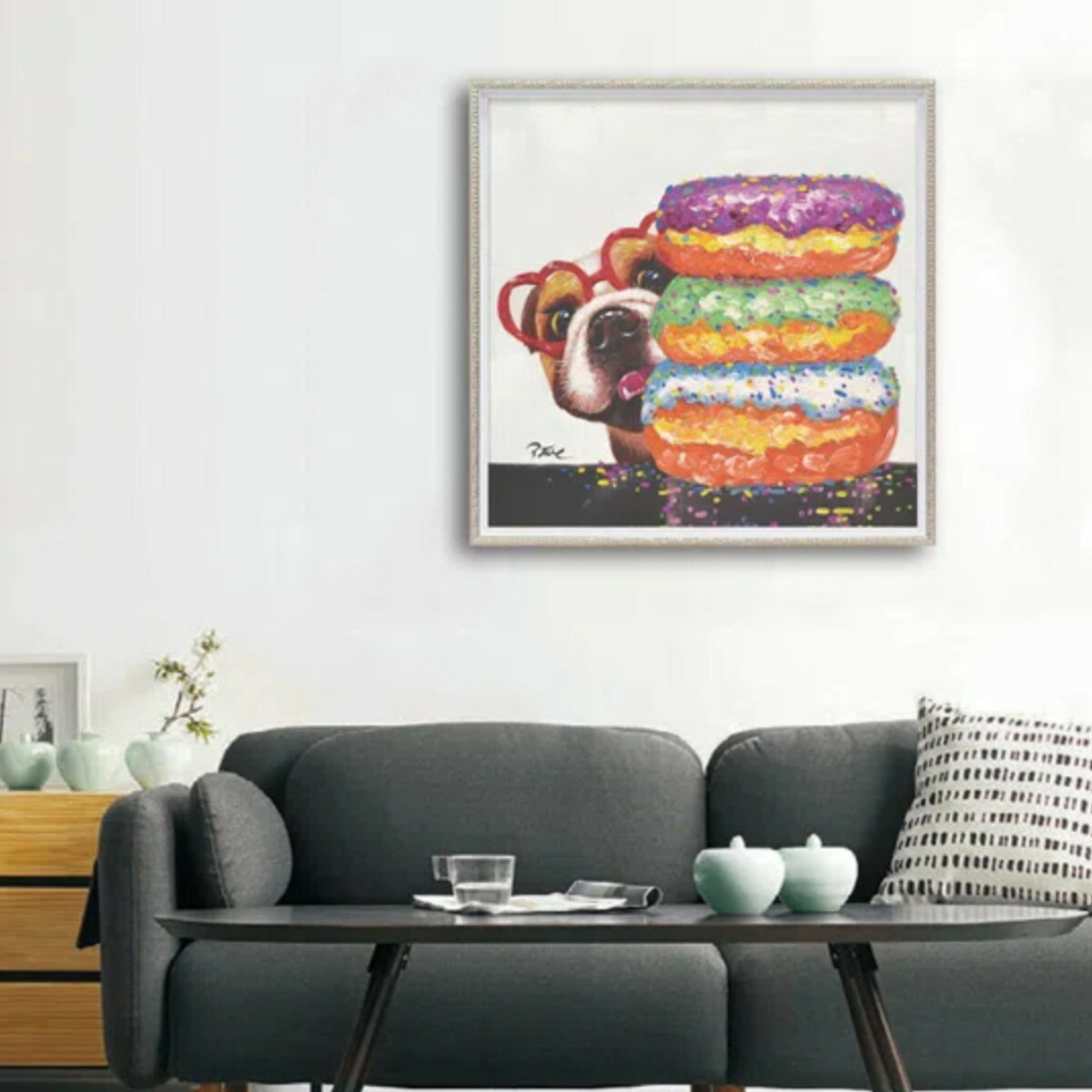 アートパネル オイルペイントアート 『いただきます』 63×63cm （ 絵画 絵 アート インテリア 額 額入り 壁掛け 油絵 おしゃれ 犬 カラフル ドーナツ ポスター アートフレーム アートポスター ウォールアート パネル 額付き 正方形 ）【39ショップ】
