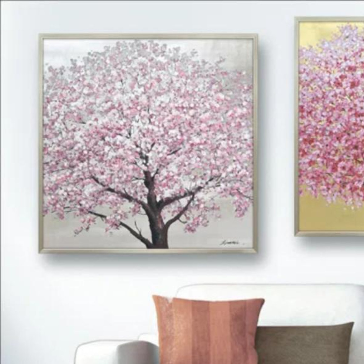 アートパネル オイルペイントアート 『シルバー サクラ』 83×83cm （ 絵画 絵 アート インテリア 額 額入り 壁掛け 油絵 桜 サクラ ポスター アートフレーム アートポスター ウォールアート パネル 額付き 正方形 ）【39ショップ】