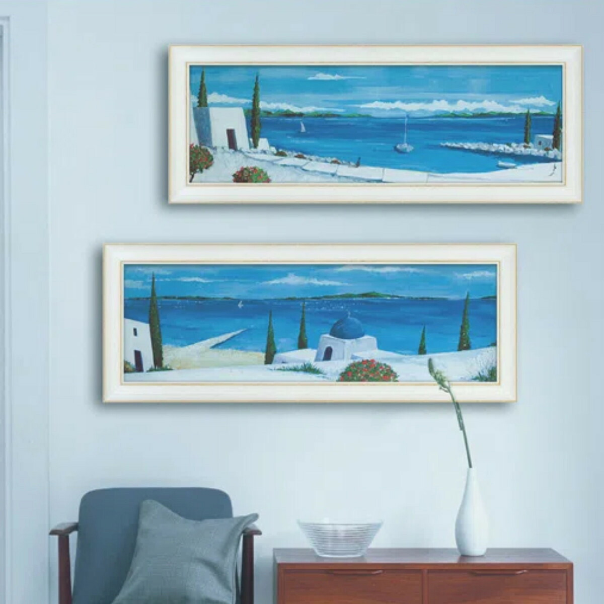 アートパネル ジュリア ホーキンス 『エーゲ海の夏』 100.5&times;38cm （ 絵画 絵 アート インテリア 額入り 壁掛け おしゃれ ゲル加工 風景画 横長 海 ポスター アートフレーム アートポスター 額付き フレーム付き ）【39ショップ】｜インテリアパレット