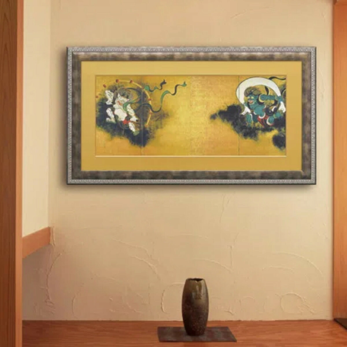 アートパネル 尾形 光琳 『風神雷神図屏風』 101×56cm （ 絵画 絵 アート インテリア 額入り 壁掛け おしゃれ ゲル加工 名画 吊金具付き ポスター アートフレーム アートポスター 額付き フレーム付き 複製画 ）【39ショップ】